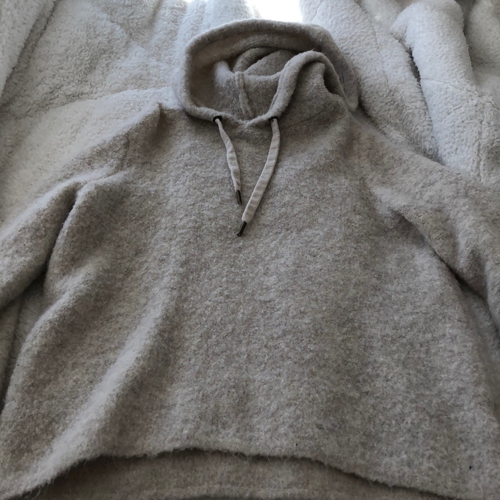 Beige fuzzy hooded sweater